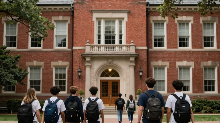 Photography of a classic red-brick university campus in the United States, students walking with backpacks through a tree-lined courtyard. International Student / Global Audience.