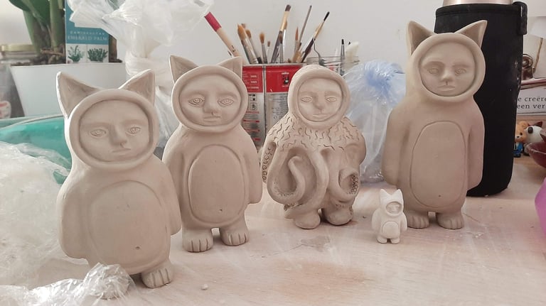 making ceramic figurines cat art and octopus art