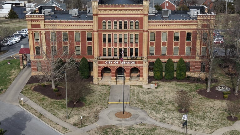 Aerial view of the City of Lebanon government building in Lebanon, TN, for municipal and public work