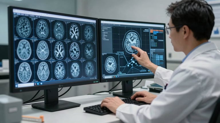 Photography of a scientist reviewing digital brain scans on high-resolution monitors in a dark navy and steel blue North American / US diagnostic center.