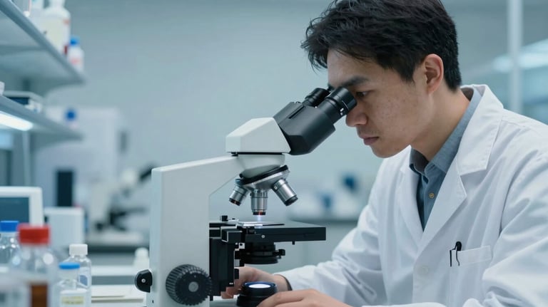 A professional photograph of a scientist in a North American / US lab focusing on a microscope, with a palette of sky blue, steel blue, and soft grey.