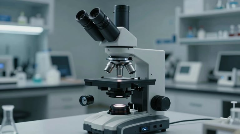 Photography of a high-power microscope in a clean, sophisticated North American / US biotech laboratory, utilizing a dark navy and soft grey color palette.