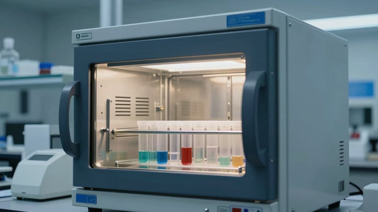 A detailed photograph of a laboratory incubator with biological samples in a North American / US research facility, illuminated by sky blue and soft grey light.