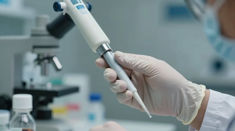 A close-up photograph of a scientist's hand in a nitrile glove holding a laboratory pipette in a modern North American / US clinic, illuminated with soft grey and steel blue lighting.