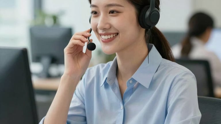 A friendly customer service representative smiling warmly while speaking on a headset in a brightly lit modern office in North America.