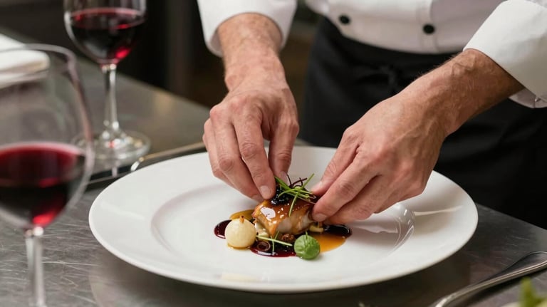 A high-angle shot of a chef's hands artfully arranging a private dining plate in a luxury kitchen, with burgundy wine accents in the background.