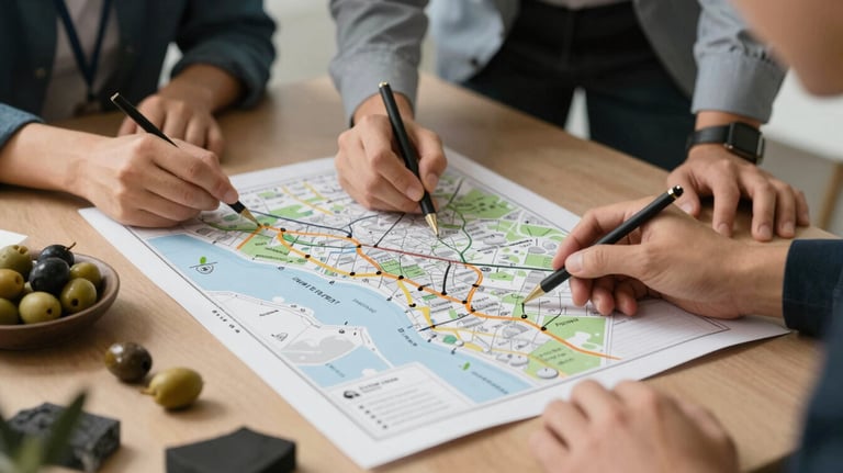 An agency team session showing a logistics map and a planner on a parchment-colored desk, surrounded by olives and dark charcoal stationery, planning a trip.