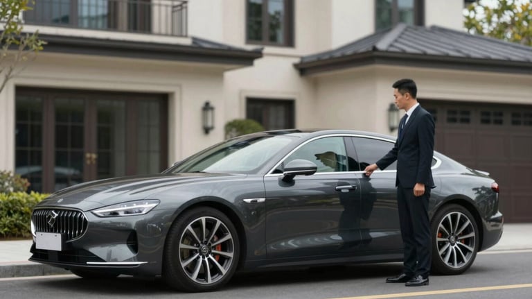 A sleek, dark charcoal luxury vehicle parked in front of a modern estate, with a chauffeur in a professional suit waiting to assist a guest.