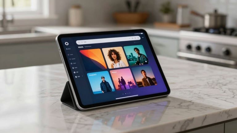 Photography of a modern tablet on a polished countertop in a bright North American kitchen, showing a vibrant streaming interface, elegant and clean composition.
