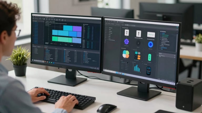 Photography of a professional person in a North American workspace using a dual-monitor setup, clean desk with modern peripherals.