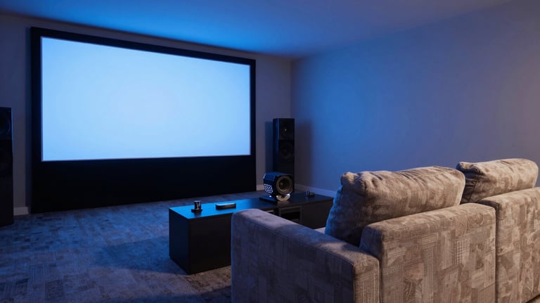 Photography of a sophisticated home cinema setup in a US home, ambient blue lighting, comfortable designer seating, focusing on cutting-edge technology.