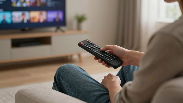 Photography of a person in casual attire sitting on a modern sofa in a US living room, using a remote to navigate a television menu, soft warm lighting.