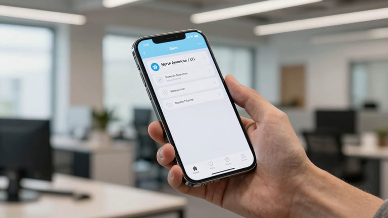 Photography of a premium smartphone held by a hand in a modern office, displaying a clean application interface with light blue accents, North American / US setting.
