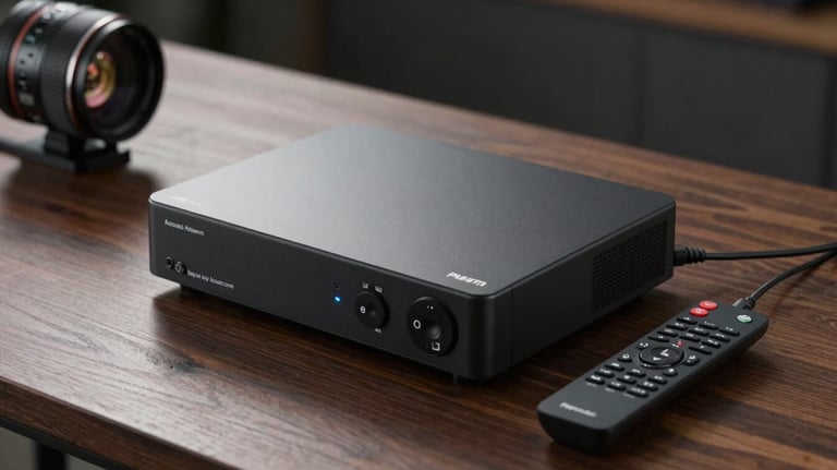 Photography of high-end streaming hardware and a sleek remote on a dark wood table, elegant side lighting, North American / US context.