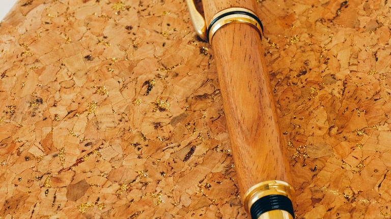Close-up photo of a wooden pen on a cork background. Credit Ania Archer via Unsplash.