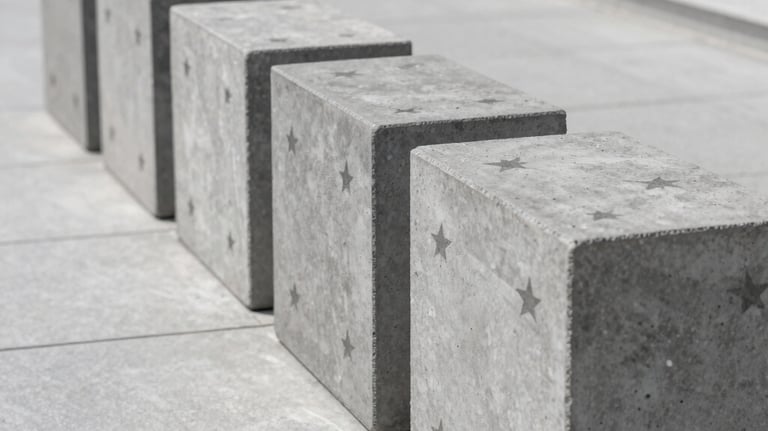 A row of industrial-style gray cement roster blocks with a star pattern, installed in a modern patio, clean lines, minimalist architectural photography.