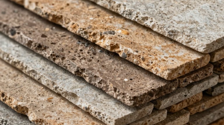 A stack of natural stone cladding tiles in various shades of warm brown and light gray, textured surface, professional product photography.