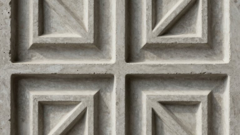 Detail of a decorative wall ornament with a modern geometric relief pattern, made from refined concrete, soft shadows highlighting the 3D texture.