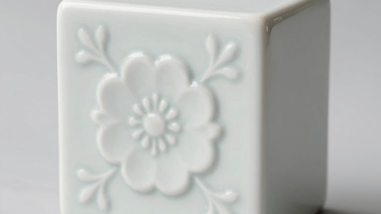 A close-up photograph of a white glazed ceramic roster block with a floral pattern, set against a clean minimalist background, soft natural lighting, elegant and clean look.