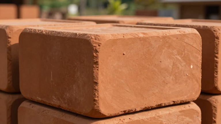 High-quality traditional terracotta clay roster blocks stacked neatly, showing rich orange-brown textures, warm natural daylight, Indonesian tropical vibe.