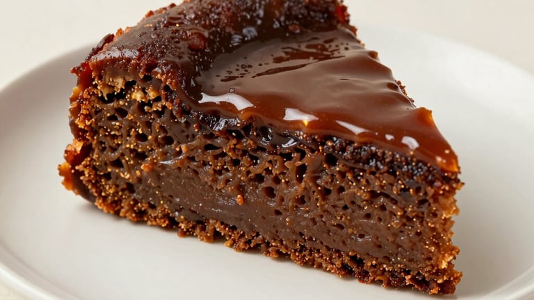 A close-up shot of a slice of traditional cassava cake, showing the moist, dense interior and the rich, dark-brown caramelized custard topping. Minimalist styling on an off-white plate, North American / US setting.