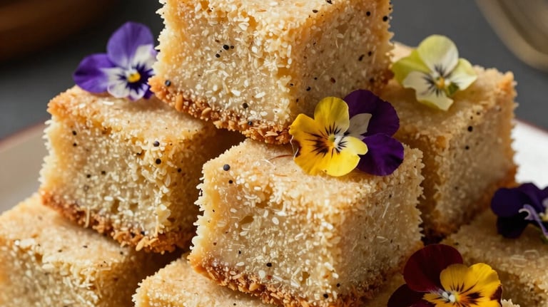 A stack of mini cassava cake squares, garnished with edible flowers. High-quality food photography for a lifestyle blog, North American / US style.