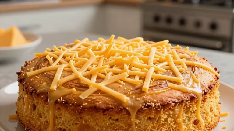 A golden-hued photograph of a cassava cake being topped with grated cheddar cheese. Warm indoor lighting, shallow depth of field, modern North American kitchen background.
