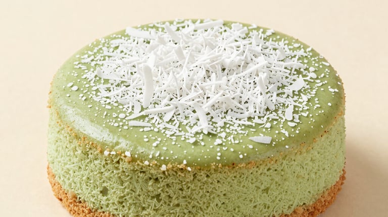 A soft green Pandan-infused cassava cake decorated with white coconut flakes. Fresh, clean composition with off-white and tan accents.