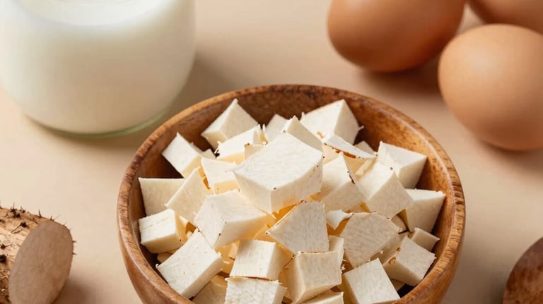 A professional flat-lay of raw ingredients: freshly grated cassava in a wooden bowl, a jar of coconut milk, and organic eggs. Muted tan and brown tones, inviting culinary composition.