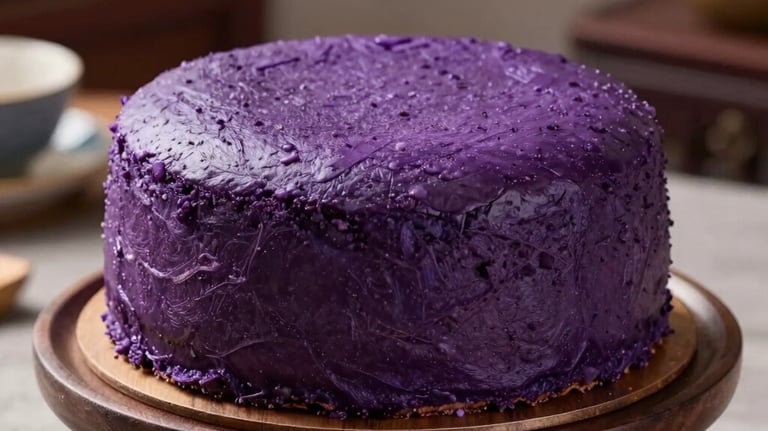 A vibrant purple Ube cassava cake on a dark brown wooden pedestal. The color is deep and natural. Elegant lighting, North American dining room setting.