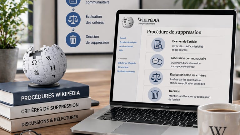 Ordinateur affichant les procédures de suppression sur Wikipédia