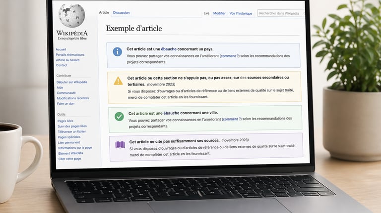 Ordinateur portable sur un bureau moderne affichant une page Wikipédia avec plusieurs bandeaux