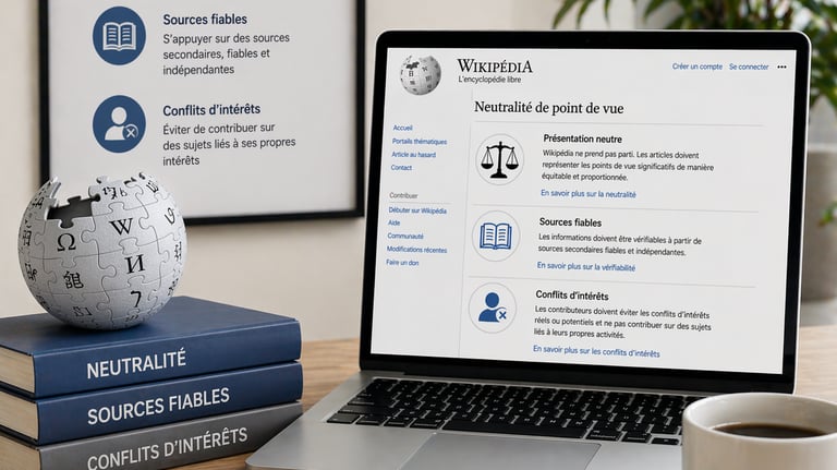 Bureau professionnel avec ordinateur affichant les règles Wikipédia