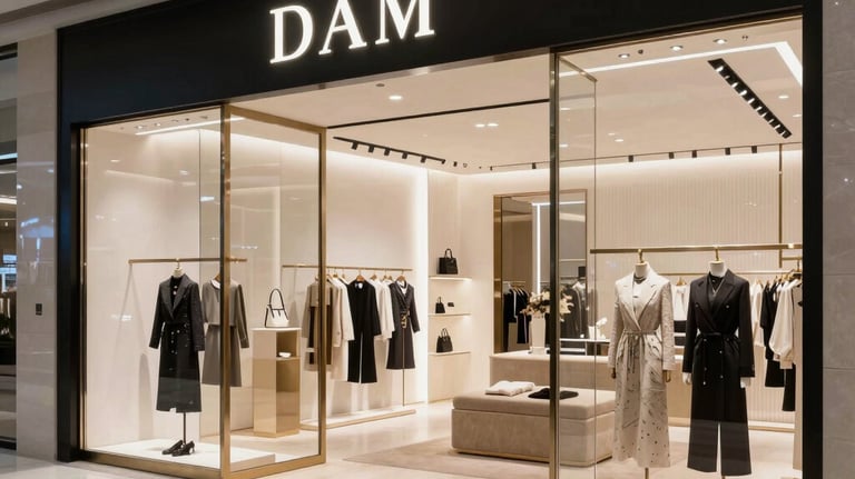 An elegant, modern luxury retail storefront and conceptual high-end showroom in Dubai, showcasing sophisticated interior design and bright lighting.