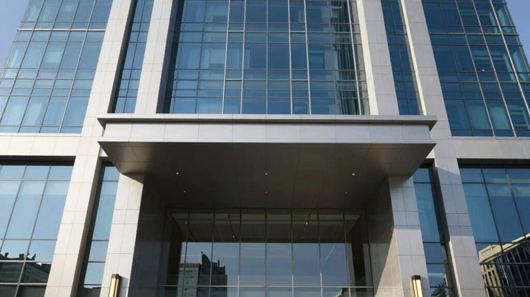 A detailed crisp photograph of an ultra-modern corporate office building entrance in Dubai, reflecting clear blue skies, professional executive architectural style suited for international business.