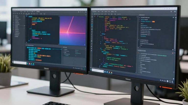 Sleek tech workspace setup with dual monitors showing abstract code and high-end interfaces in a bright, modern corporate environment in Dubai.
