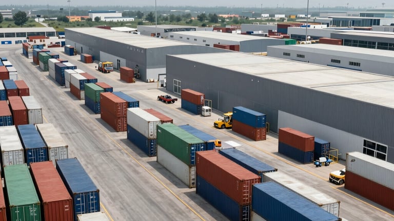 A modern warehouse and global logistics shipping terminal in the Gulf Cooperation Council (GCC) region, high-tech cargo operations, showcasing speed and corporate efficiency.