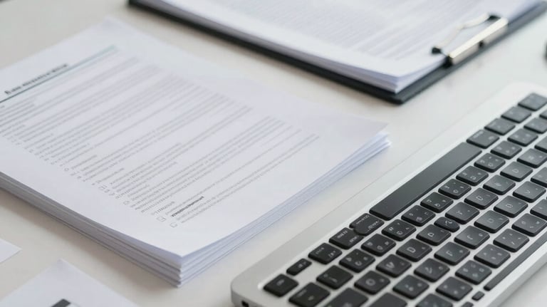 A professional portrait of modern administrative services, featuring sleek tech setup, business documents, and a minimalist elegant keyboard, representing efficient digital processing.