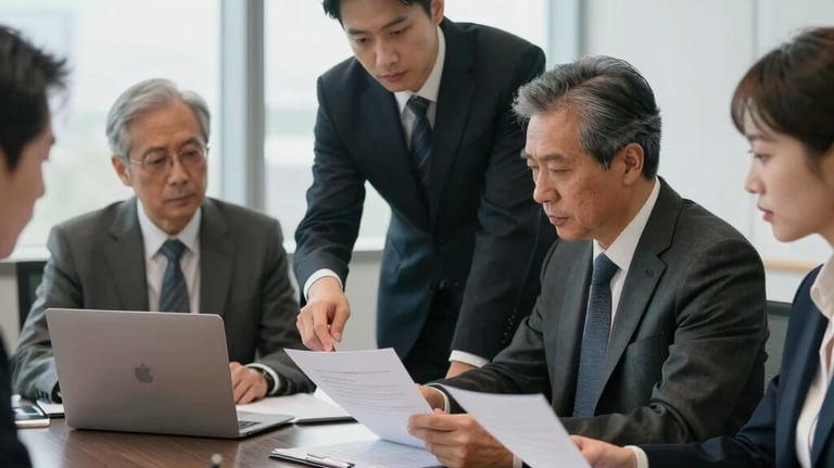 A high-end corporate boardroom meeting featuring business advisors analyzing papers with focused determination, soft natural lighting, reflecting a professional and trustworthy environment.