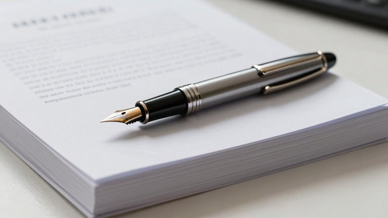 A luxury fountain pen resting on a stack of thick, textured legal documents in a well-lit minimalist study. Global / High-end corporate.