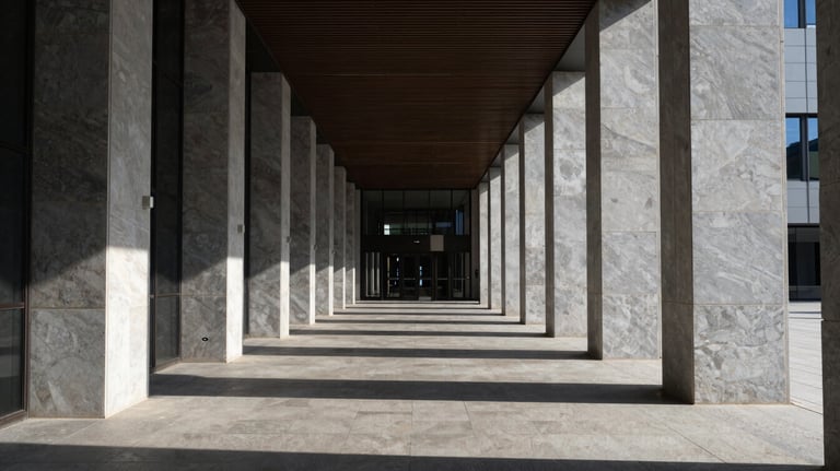 Symmetry and shadows in a modern architectural corridor of a top-tier law firm, conveying structure and precision. Global / High-end corporate.