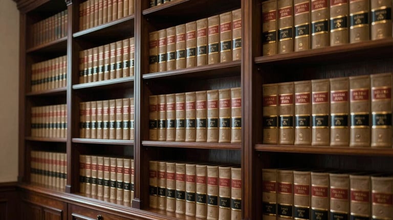 Interior of a sophisticated private library with dark wood shelves and leather-bound law volumes. Soft, authoritative cinematic lighting. Global / High-end corporate.