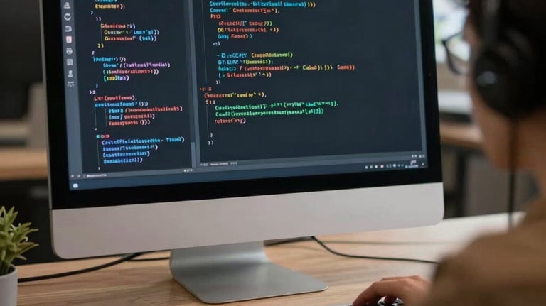 Close-up of hands typing on a keyboard with website code on the monitor