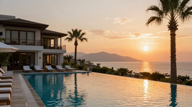 A lifestyle photograph of a luxury 5-star resort pool in Antalya at sunset, representing the recovery experience for a medical tourist seeking luxury in Türkiye.