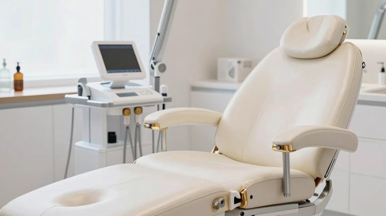 An elegant, clinical photograph of a high-end medical skincare treatment room. Bright white light reflects off polished surfaces, featuring a leather treatment chair and light gold accents.