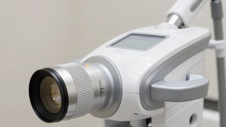 A close-up photograph of medical-grade aesthetic equipment in a bright, clean clinic. The lighting is soft and professional, highlighting the luxury medical brand's commitment to excellence.