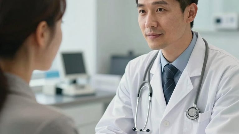 A close-up shot of a consultation between a doctor and a sophisticated traveler in a premium clinic. The focus is on a professional, trustworthy interaction in a bright, modern setting.