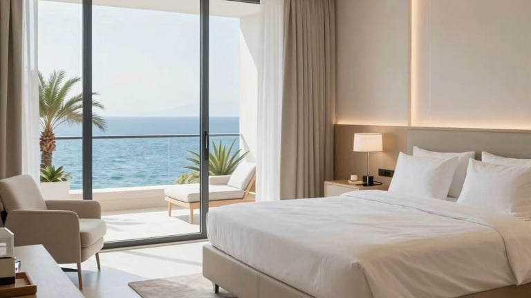 A serene, luxury private hospital room in Antalya with a view of the sea. The decor is minimal beige and white, featuring high-end furniture and a calm, upscale healing environment for the sophisticated traveler.