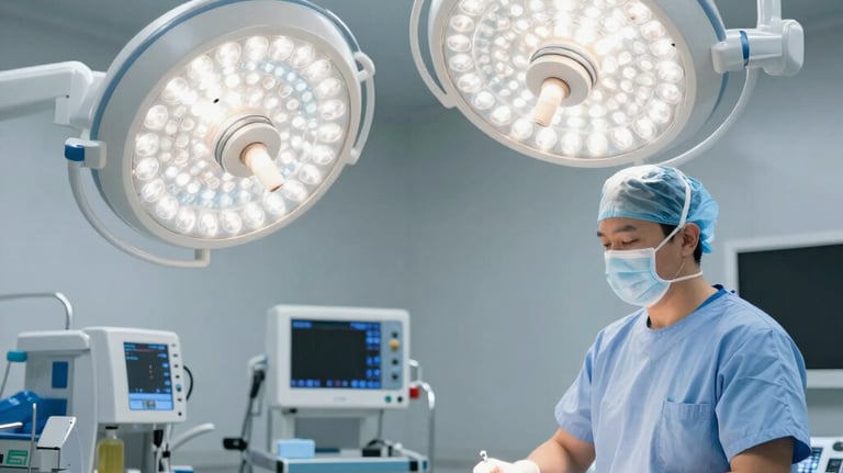 A professional and clinical photograph of a modern surgical suite, highlighting advanced medical lighting and equipment in tones of white and light blue. The setting is sterile, premium, and sophisticated.