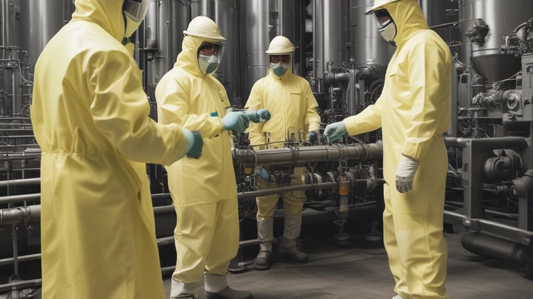Workers in protective gear inspecting chemical production processes.